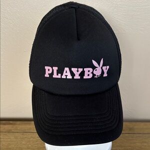 Playboy Y2K Modern Streetwear Snap Back Black Trucker Hat With Pink Logo. Unisex